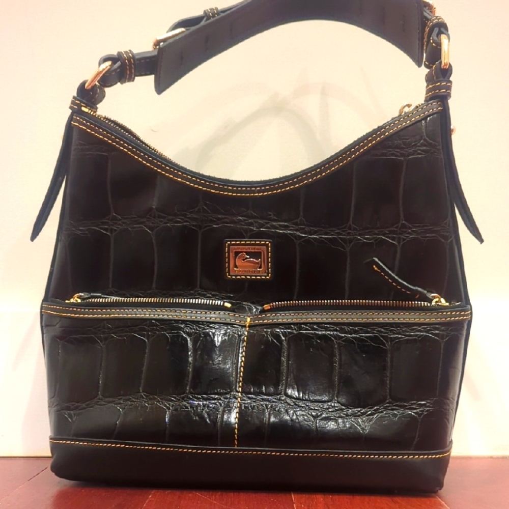 Dooney & Bourke Black Croc-Embossed Hobo Bag With Gold Hardware Like New